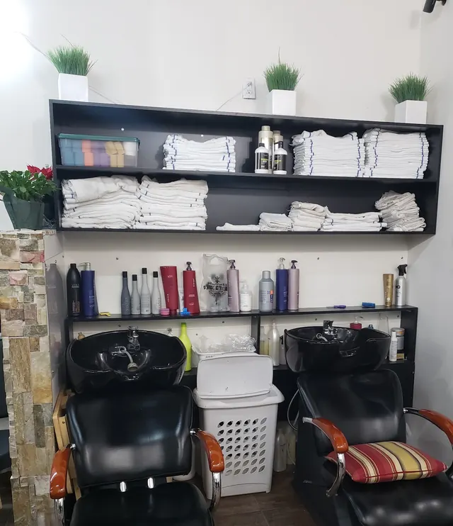 Two black leather shampoo chairs with sinks, under a shelf of white towels and plants.